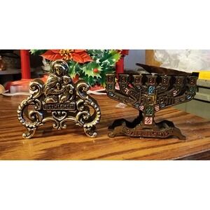 Vintage Lot Of 2 Solid Brass Mary Of Bethlehem & Jerusalem Shalom Napkin Holders